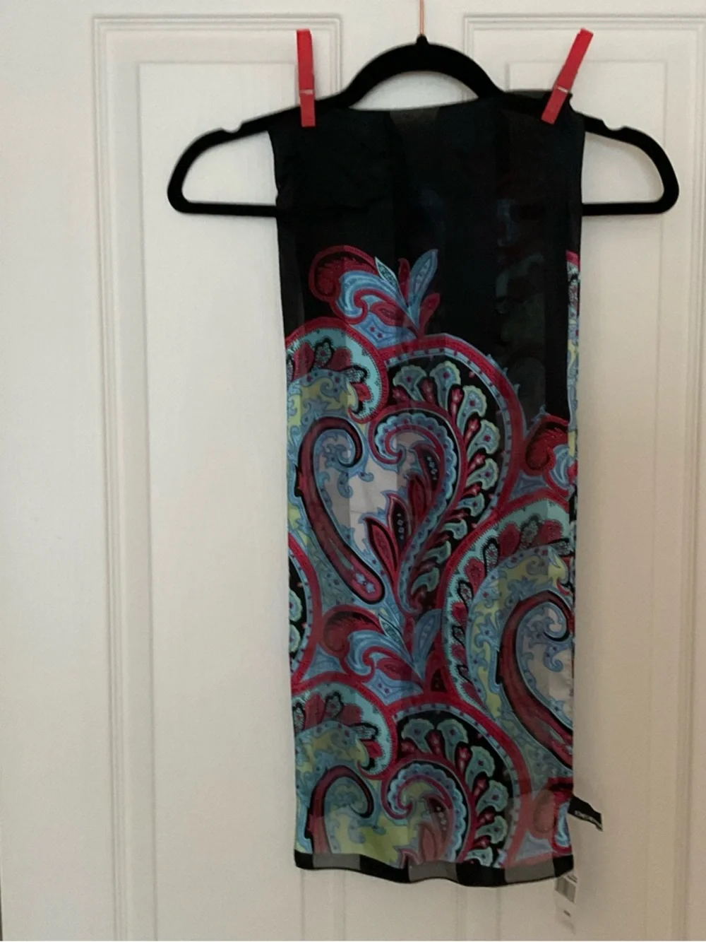 Jones New York Paisley Silk-Feel Scarf in Black, Blue, Red & Grey